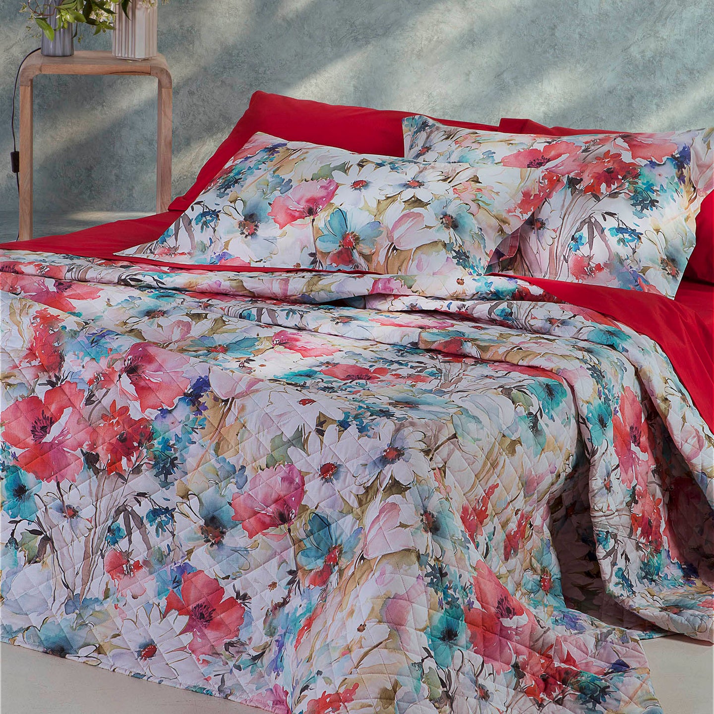 Copriletto Trapuntato Mirabello Acquerello di fiori Floreale in Percalle