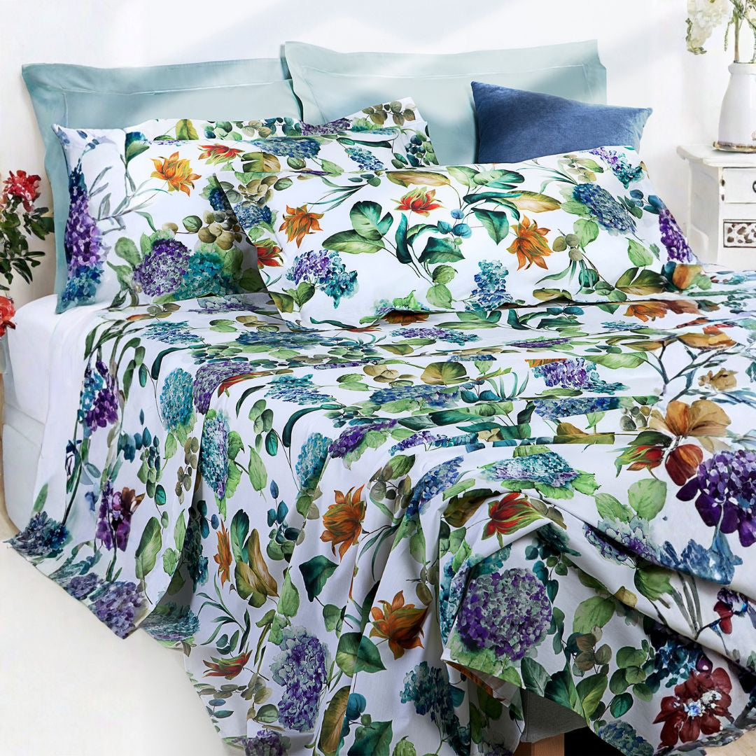 Completo Lenzuola Mirabello Hydrangea-jungle Floreale in Percalle