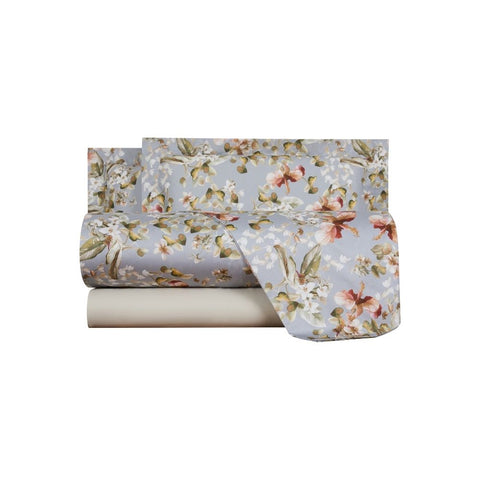 Completo Lenzuola Mirabello Plumbago Floreale in Raso di cotone