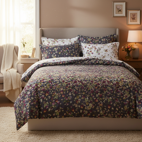 Completo Lenzuola Emporium Violetta Floreale in Raso di cotone